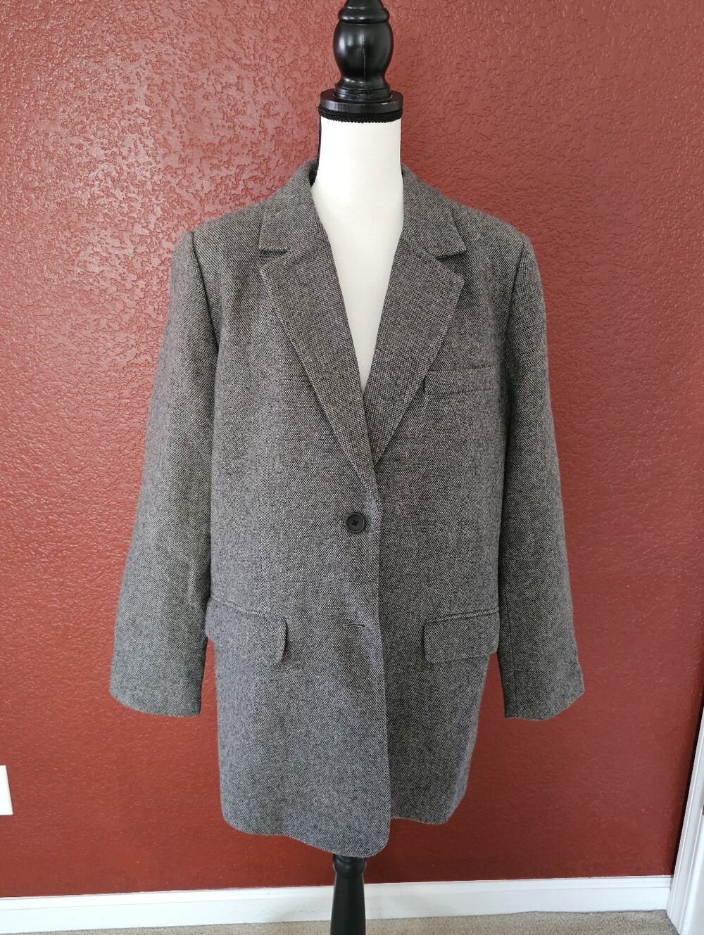 Gray Herringbone Women's Blazer Jacket - Classic Tailored Coat - Picture 3 of 10